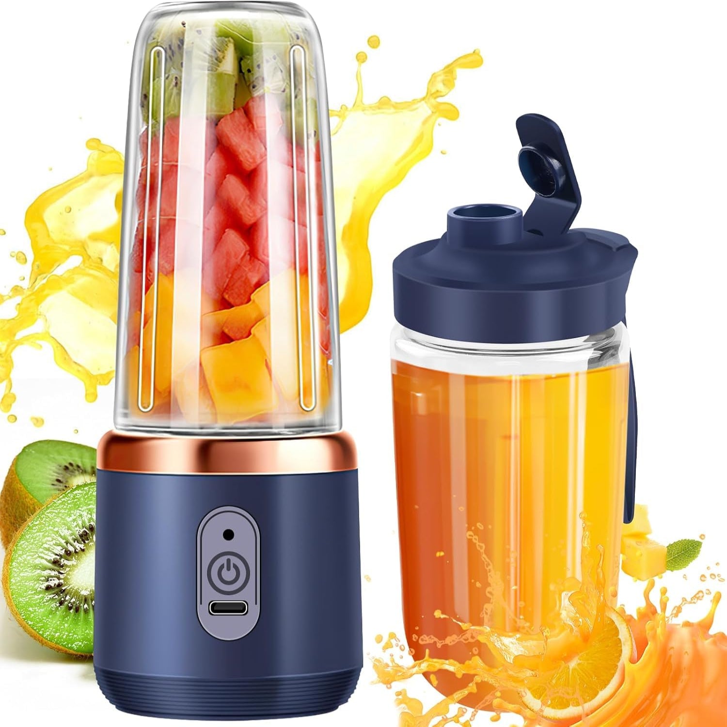 Navy blue portable blender with fruits inside and a glass container with juice on a white background