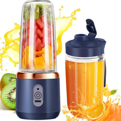 Navy blue portable blender with fruits inside and a glass container with juice on a white background