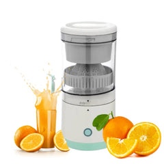 Manual juicer with oranges and a glass of orange juice on a white background
