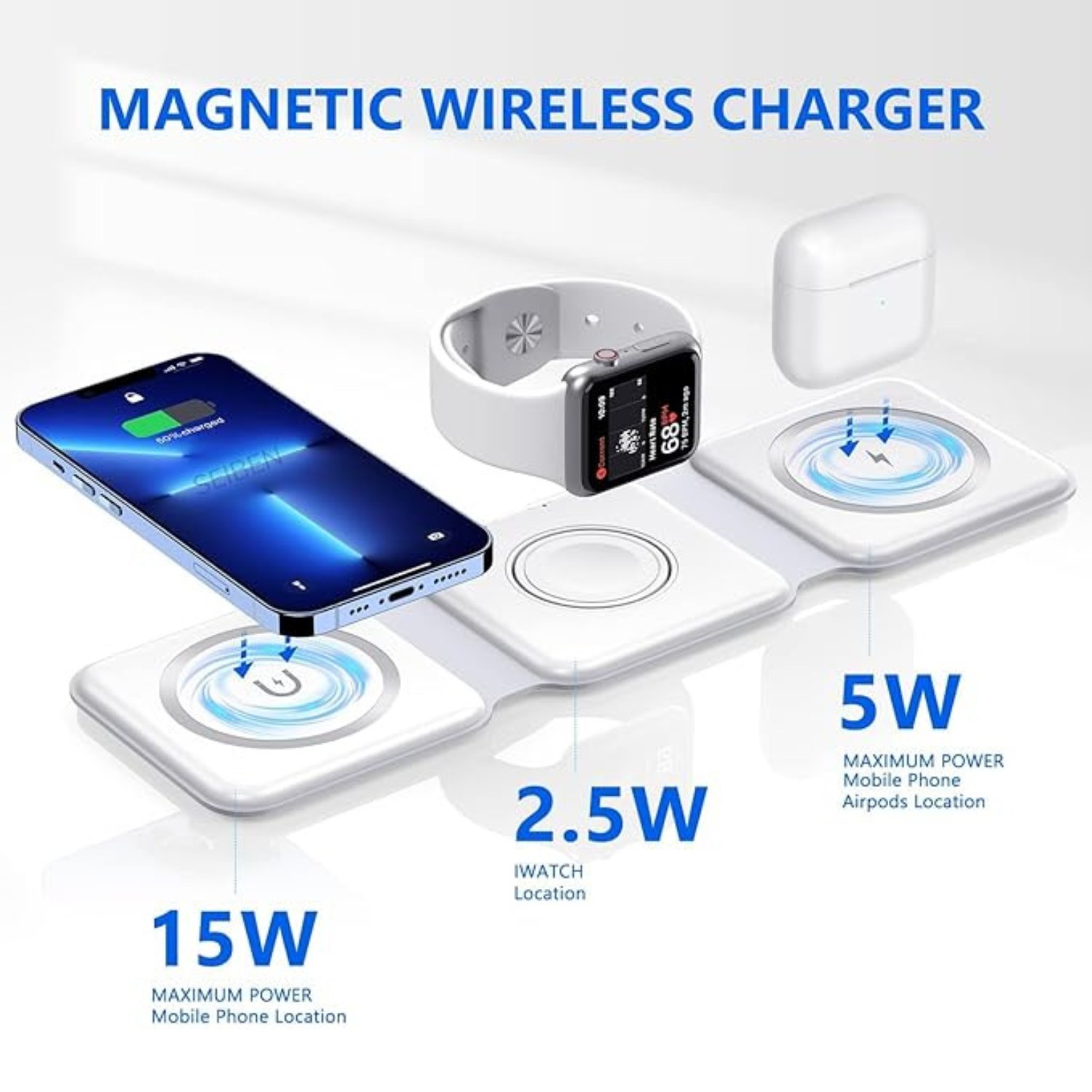 Giftollo 3-in-1 Magnetic Foldable Mag-Safe Wireless Charger | Compatible with iPhone 16/15/14/13/12 Series, AirPods 2/3/Pro, Apple Watch Series | 23W Fast Charging | Wireless Travel Charger