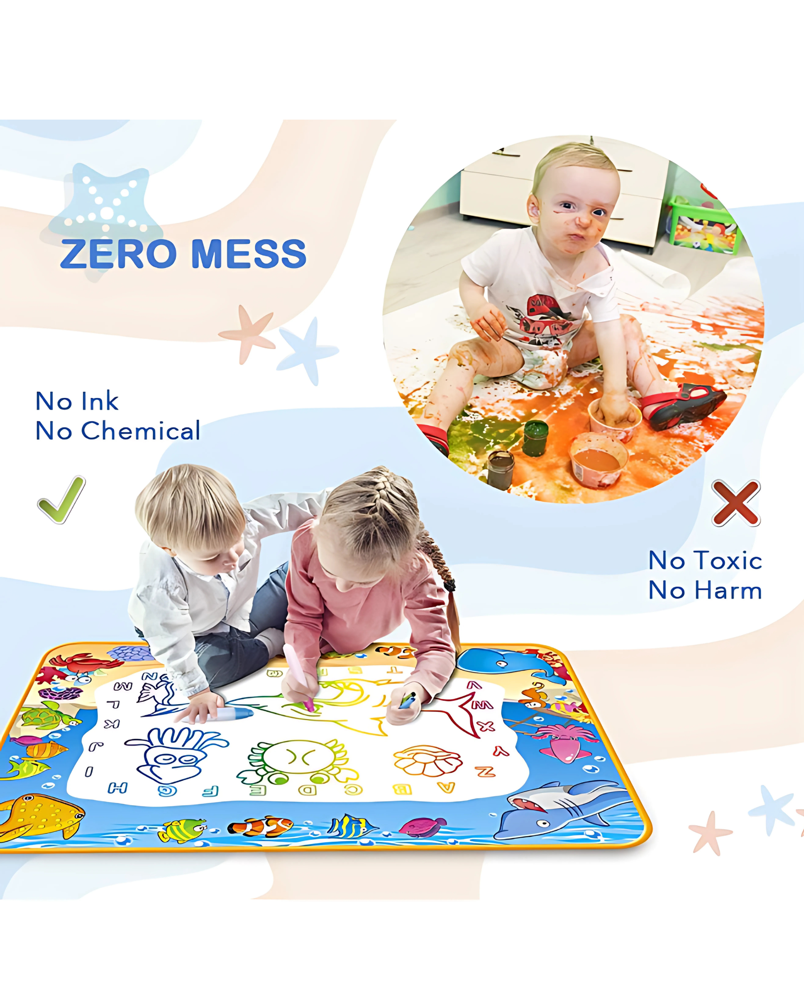 Giftollo Magical Water Drawing Mat for Kids | Reusable Mess-Free Coloring Pad (25x15 inch) with 2 Magic Pens | Educational Doodle Toy for Toddlers