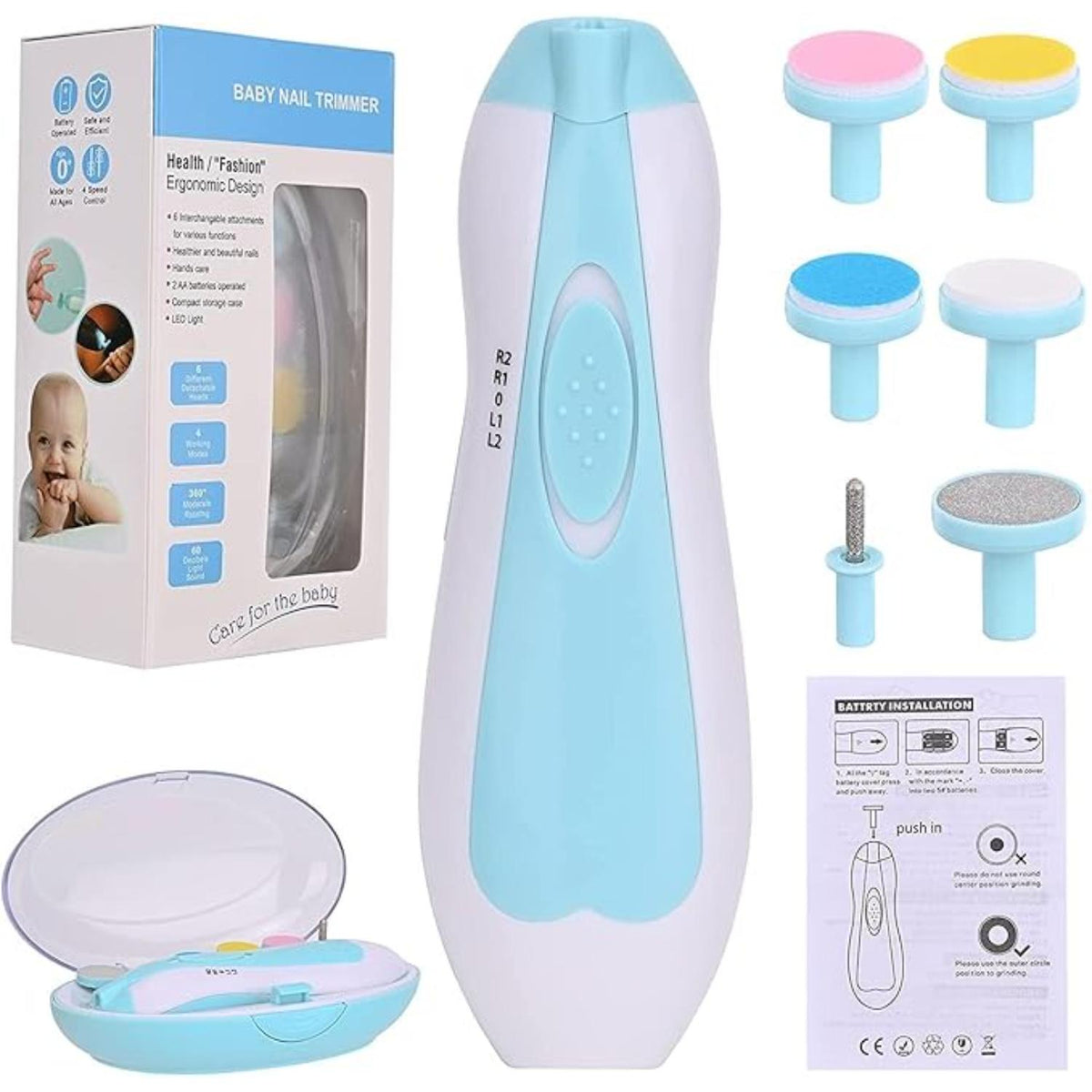 Giftollo Baby Nail Trimmer Electric (Blue & Pink) – Safe & Silent Baby Nail File with 6 Grinding Heads | Newborn to Toddler Nail Care Kit with LED Light | Baby Grooming Tool for Infant & Kids (Blue)