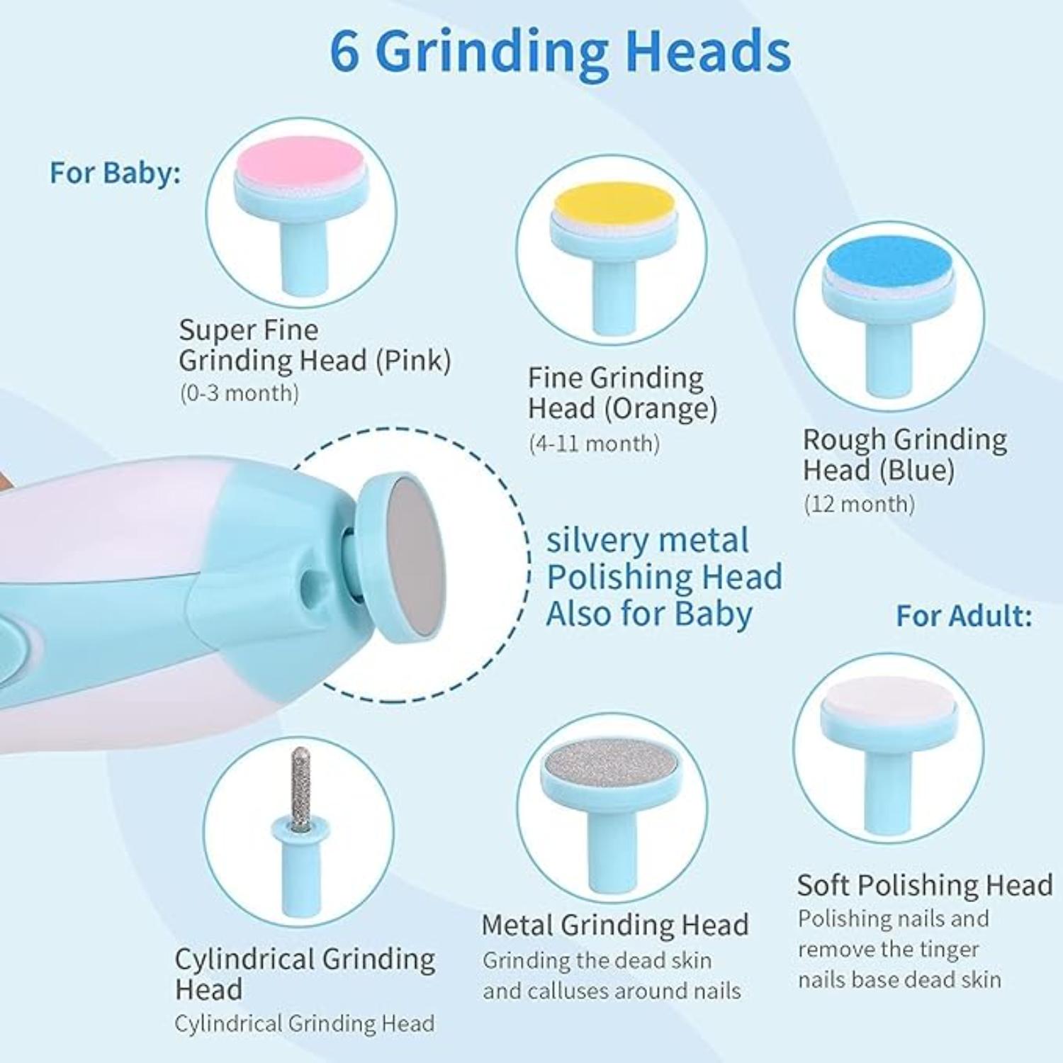 Giftollo Baby Nail Trimmer Electric (Blue & Pink) – Safe & Silent Baby Nail File with 6 Grinding Heads | Newborn to Toddler Nail Care Kit with LED Light | Baby Grooming Tool for Infant & Kids (Blue)