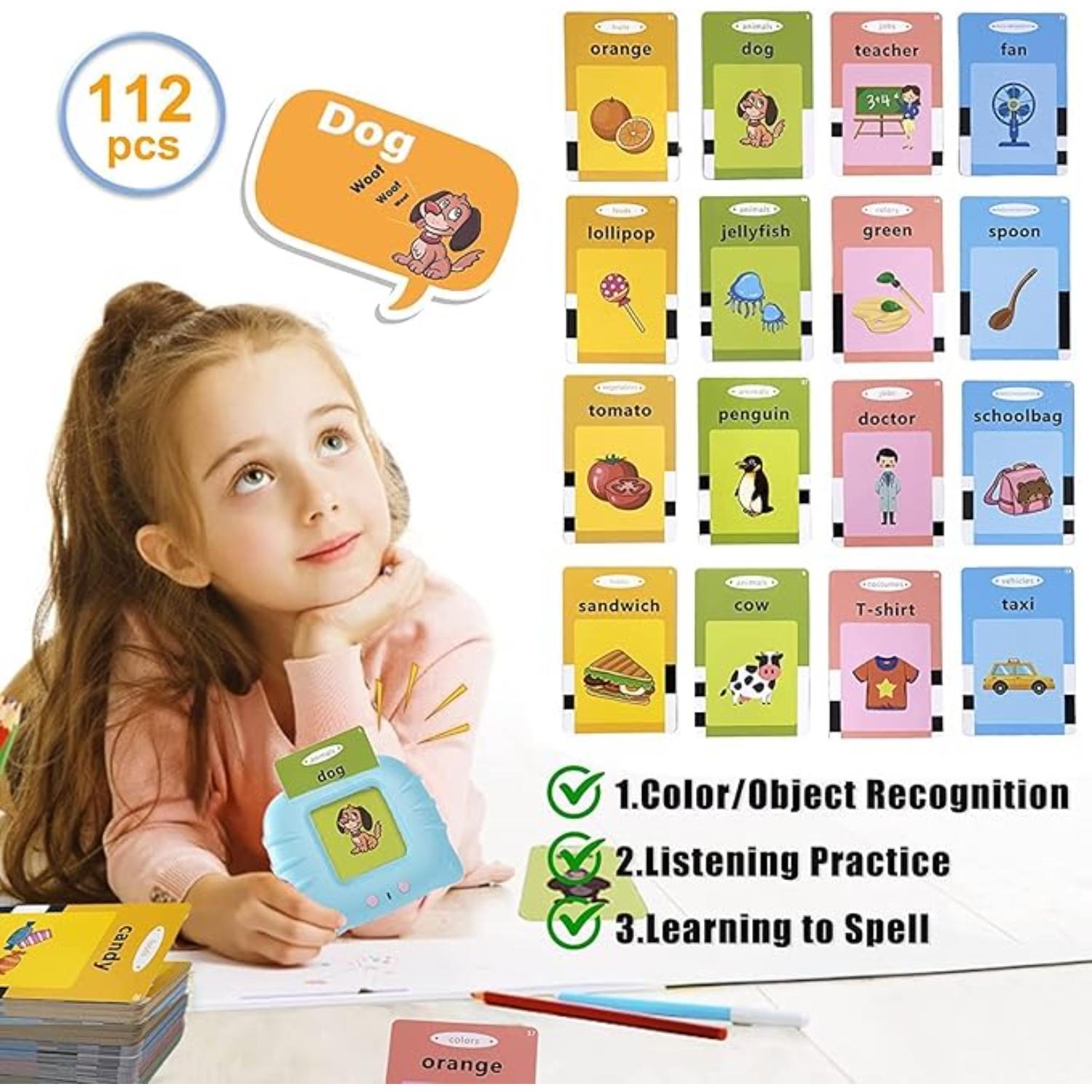 Giftollo Educational Flash Card Learning Toy for Kids | 112 Double-Sided Talking Flash Cards with 224 Sight Words | Interactive Speech Device for Toddlers | Early Learning Toy (Blue, Regular)