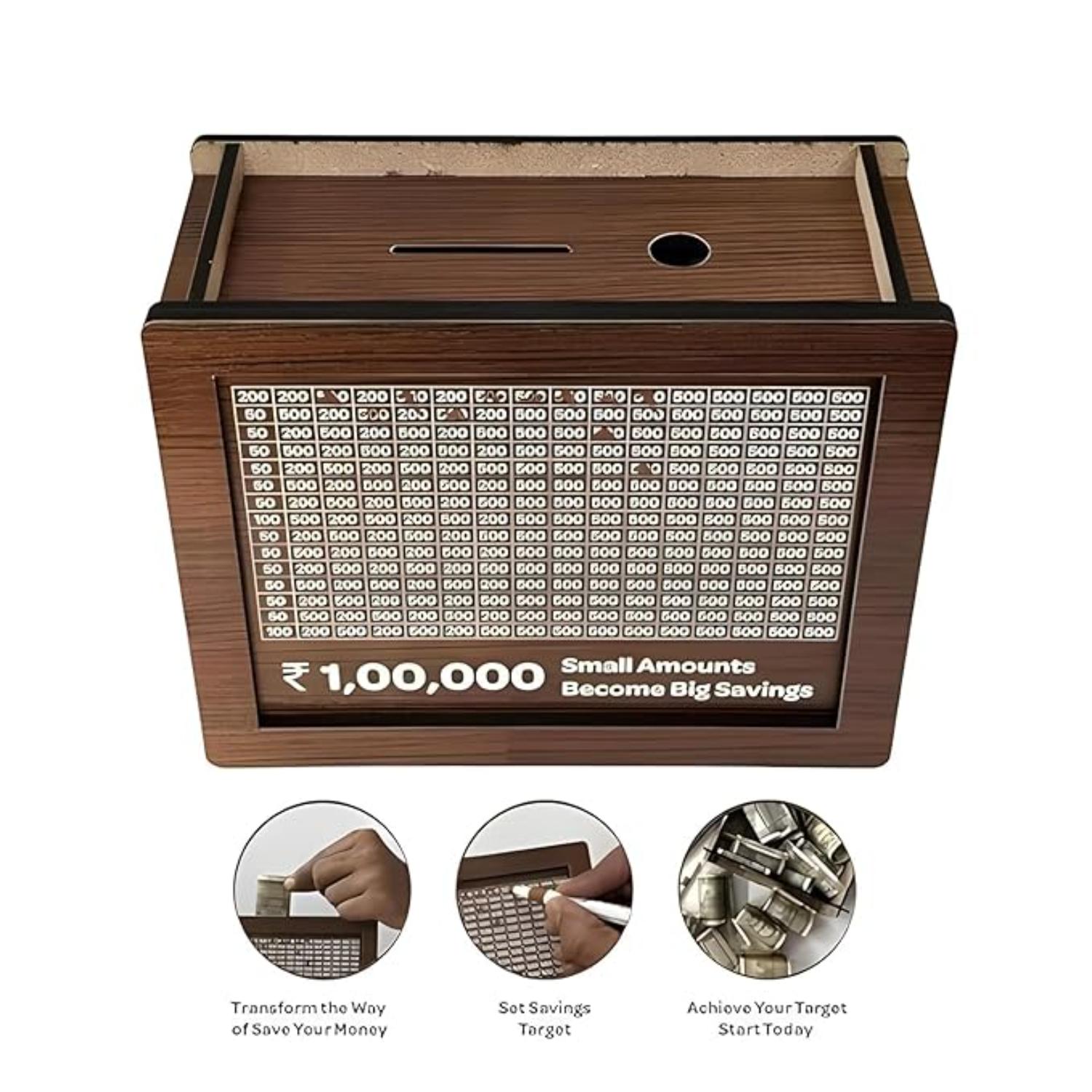 Giftollo Piggy Bank Wooden Savings Challenge Box | Smart Money Saving Bank for Adults & Kids | Budget Tracker Piggy Bank with Scratch Panels | Ideal Gift for Birthdays, Weddings & New Year